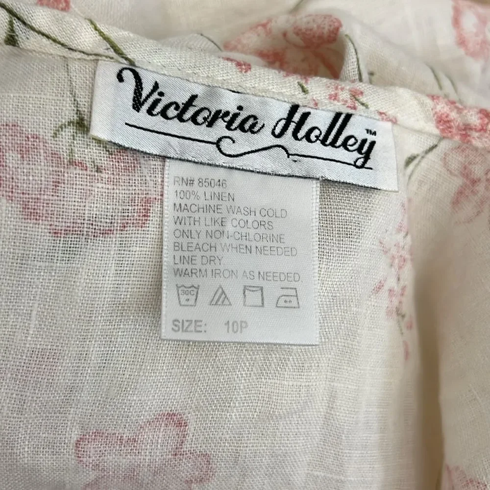 Vintage Victoria Holley Floral Midi Dress 💯% Linen Scoop Neck Cottagecore Sz10P